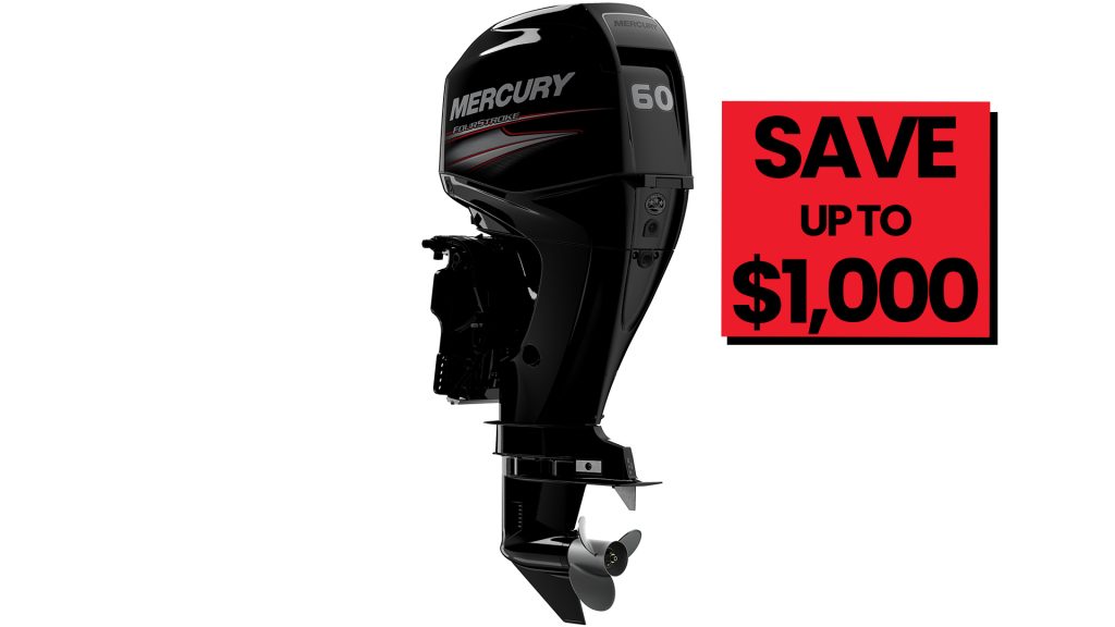 Save up to $1000 on the Mercury 75hp Fourstroke range, Promotion applies to 75ELPT 4S with recommended Vessel View 403 Electronics/Gauge package on Selected Models only. 