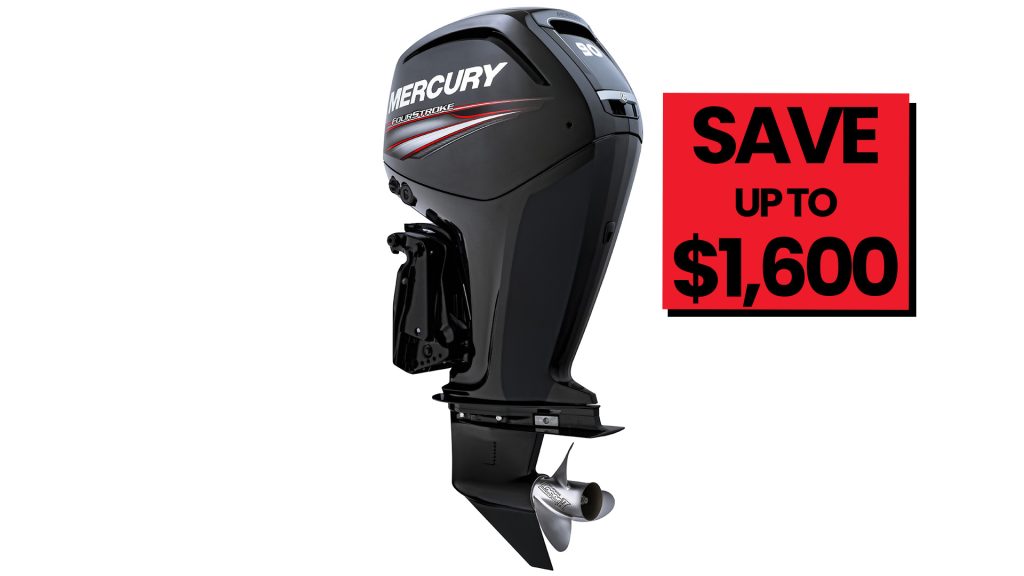 Save up to $1600 on the Mercury 90hp Fourstroke range, Promotion applies to 90ELPT 4S, 90EXLPT 4S, 90ELPT CT 4S (Command Thrust), 90EXLPT CT 4S (Command Thrust) with recommended Vessel View 403 Electronics/Gauge package on Selected Models only. 