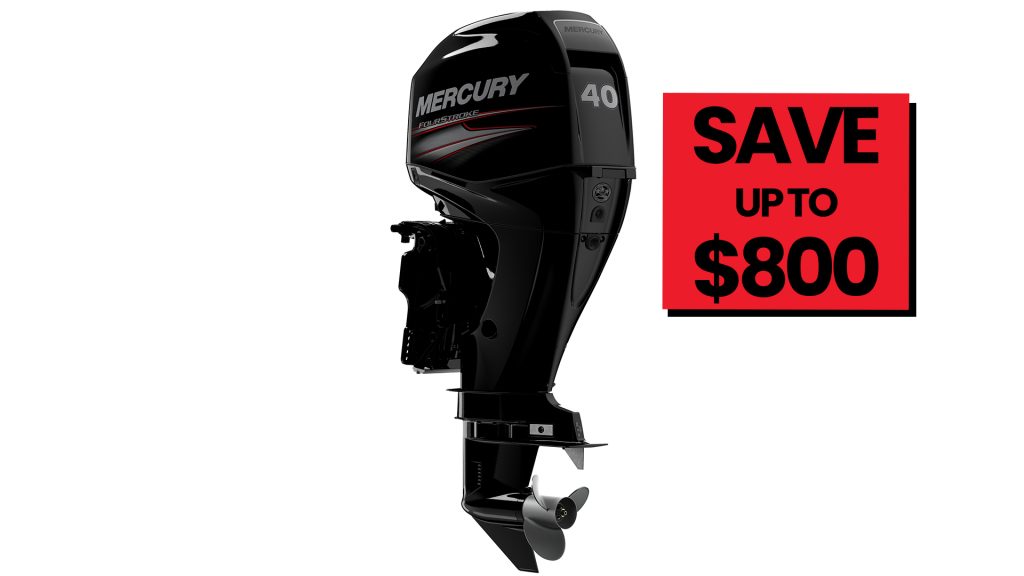 Save up to $800 on the Mercury 40hp Fourstroke range, Promotion applies to 40ELPT 4S EFI, 40ELHPT 4S EFI, 40ELPT CT 4S EFI (Command Thrust), 40ELHPT CT 4S (Command Thrust) with recommended SC100 Tacho Gauge packages on Selected Models only. 