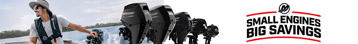 Mercury Marine Small Engines Big Savings promotion featuring Mercury 2.5HP–30HP FourStroke portable outboards with savings up to $700 at Hitech Marine.