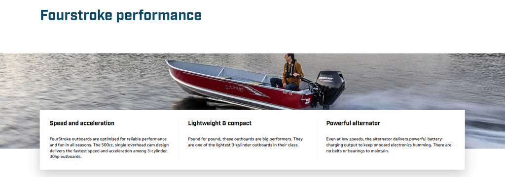 Mercury FourStroke outboard performance showing a Mercury-powered aluminium fishing boat, highlighting speed, acceleration, lightweight design and alternator charging.