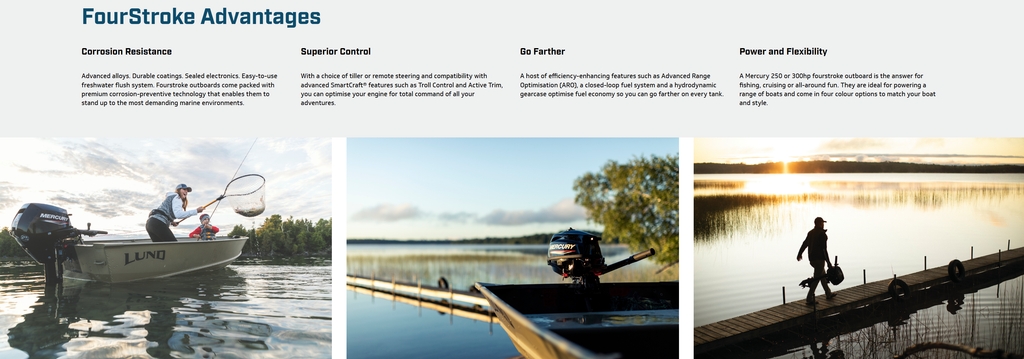 Mercury FourStroke outboard advantages including corrosion resistance, superior control, fuel efficiency and reliable performance, with Mercury-powered fishing boats.